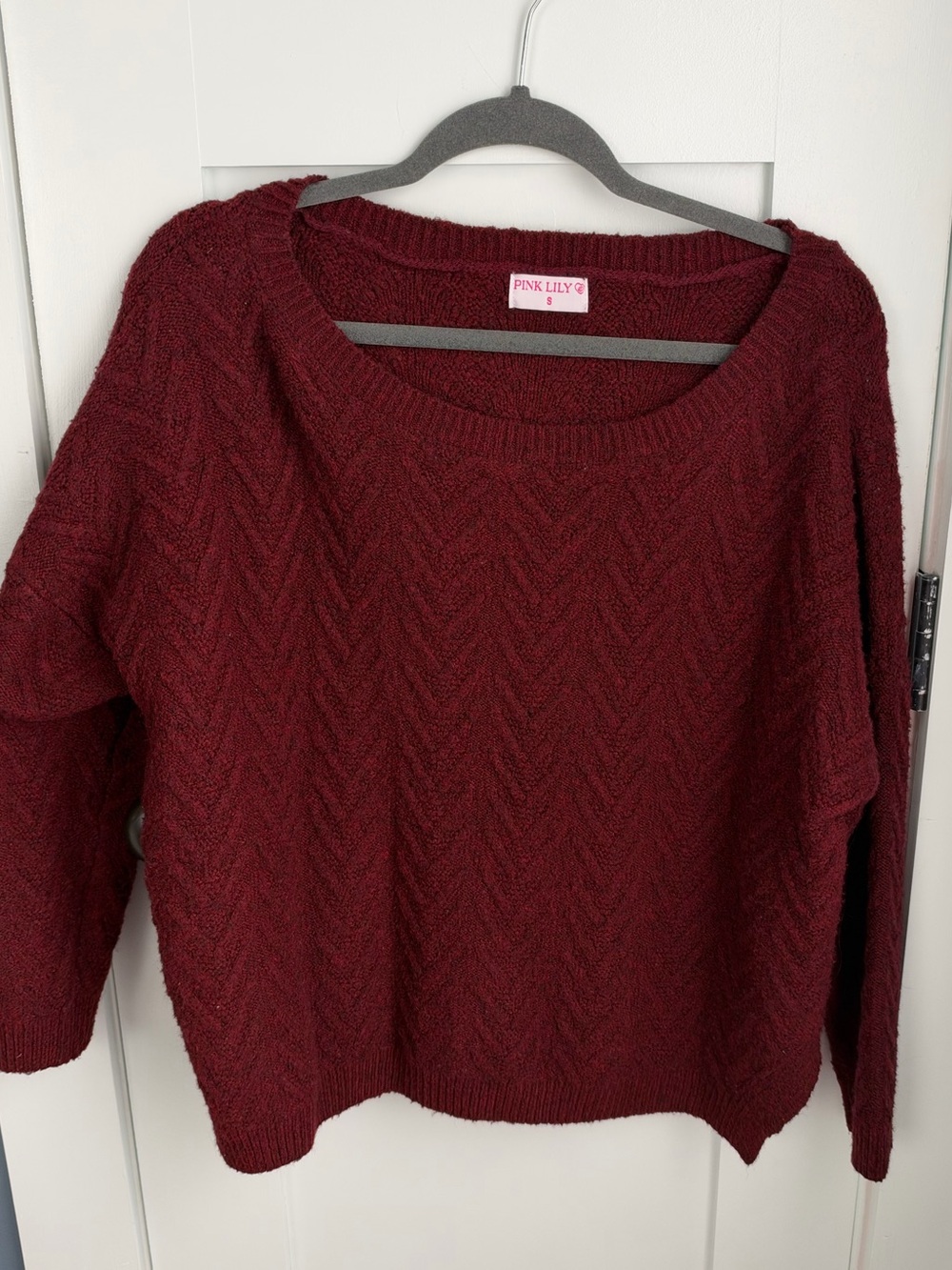 Pink Lily Burgundy Textured Chevron Scoop Neck Sweater